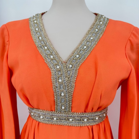 Vintage 60s Coral Highlighter Neon Babydoll‎ Mini Dress Gold White Woven Trim - Picture 7 of 15